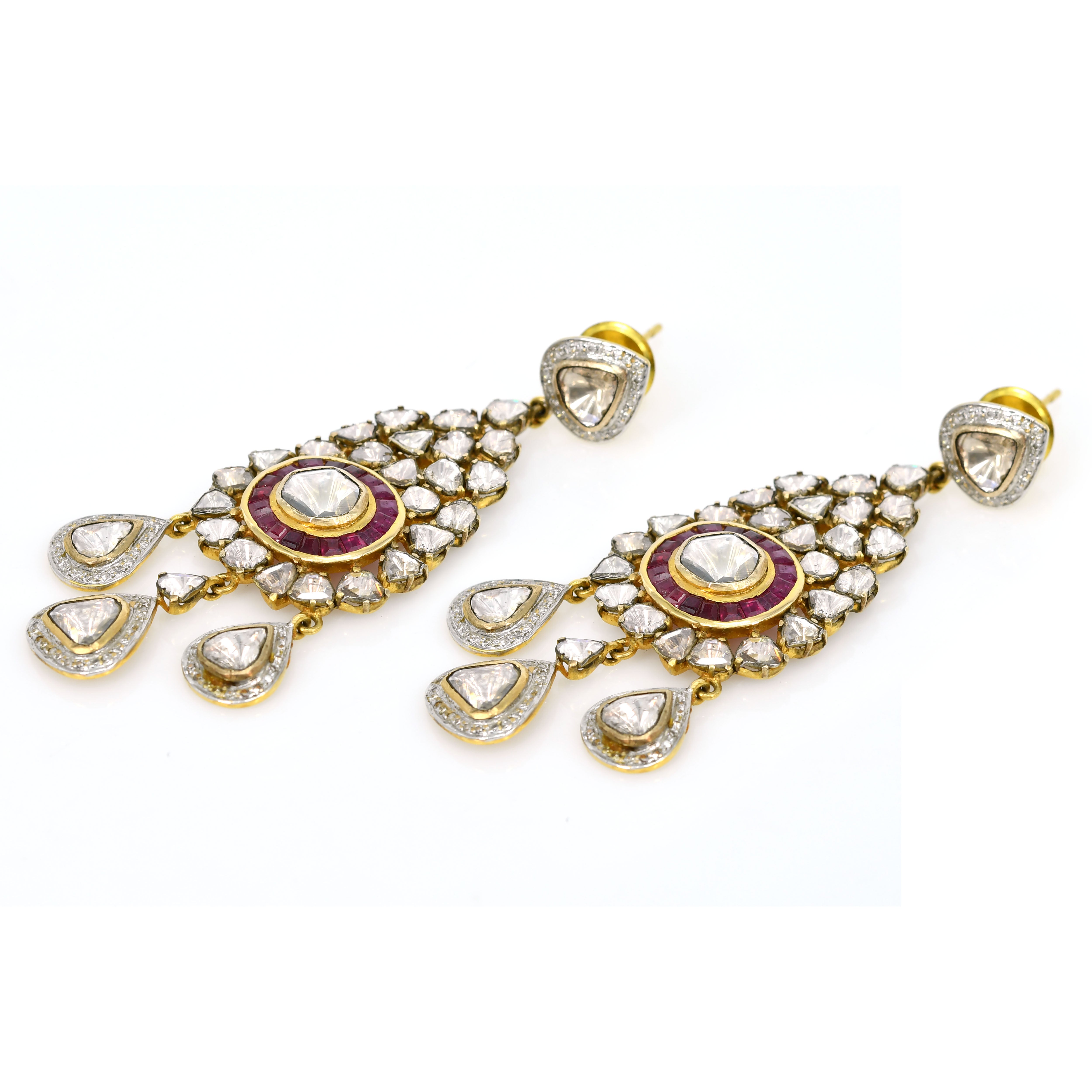 18k Yellow Gold Natural Emerald & Tapered Cut Diamond Earrings