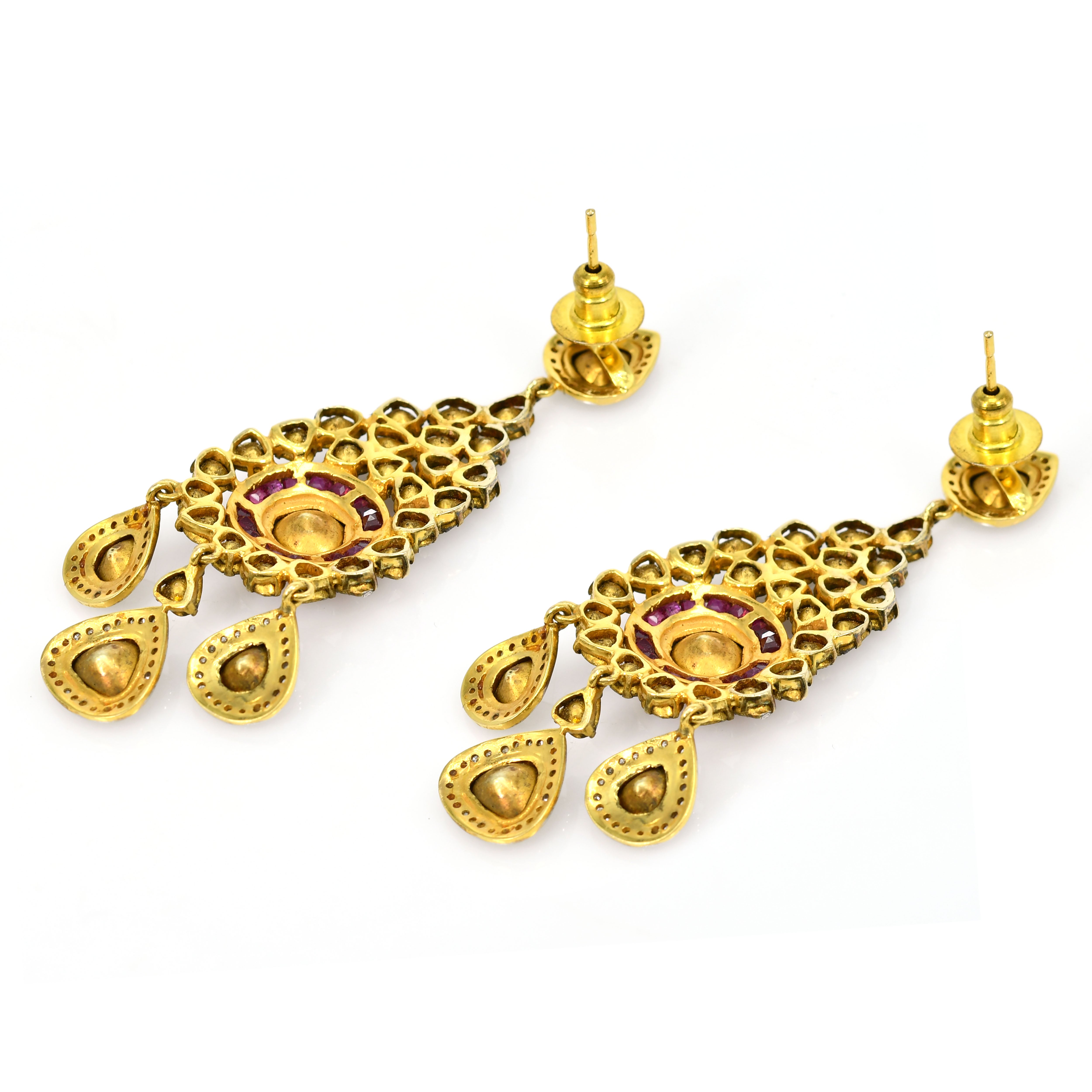 18k Yellow Gold Natural Emerald & Tapered Cut Diamond Earrings