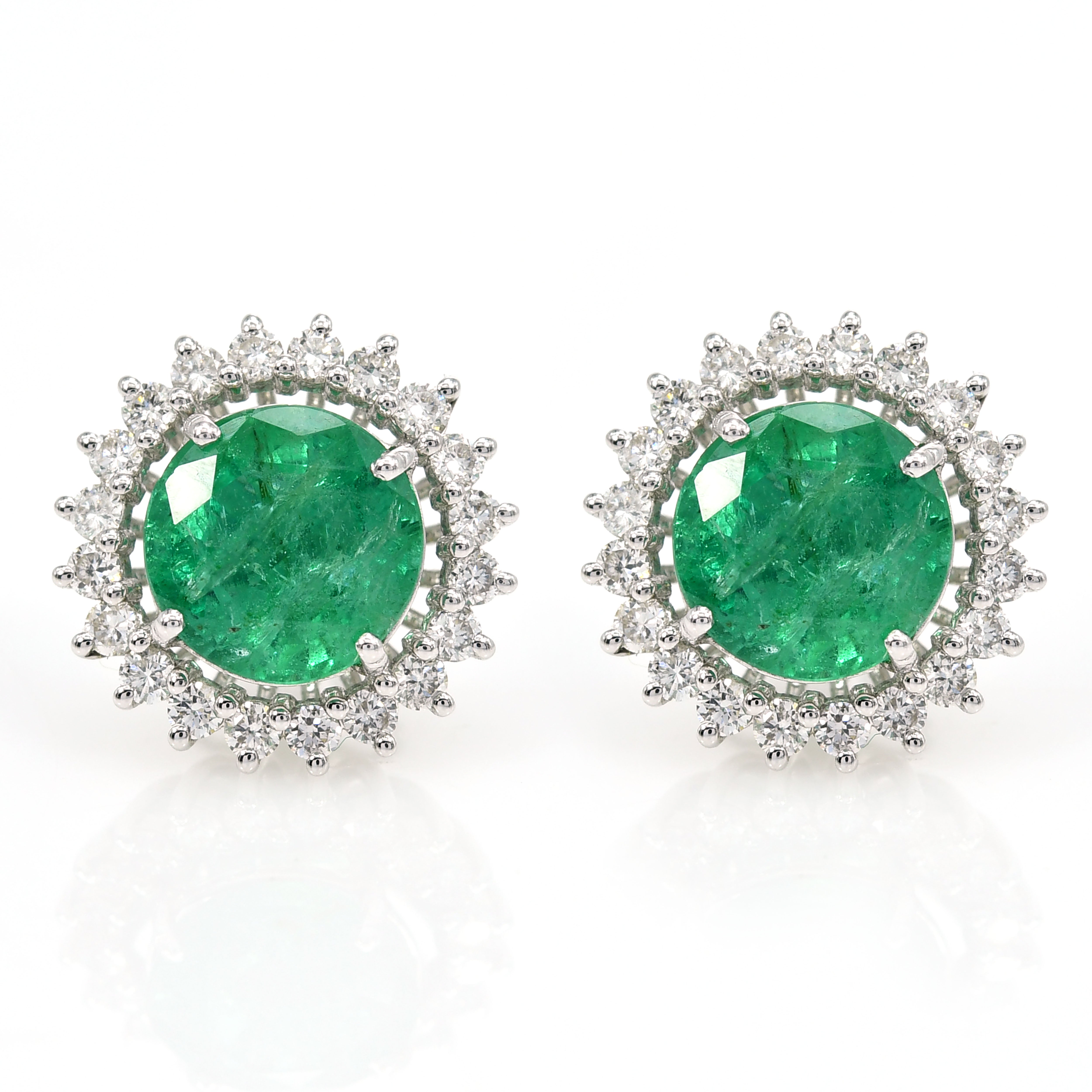 18K Solid Yellow Gold Earrings, Natural Emerald & Tapered Cut Diamond, Elegant
