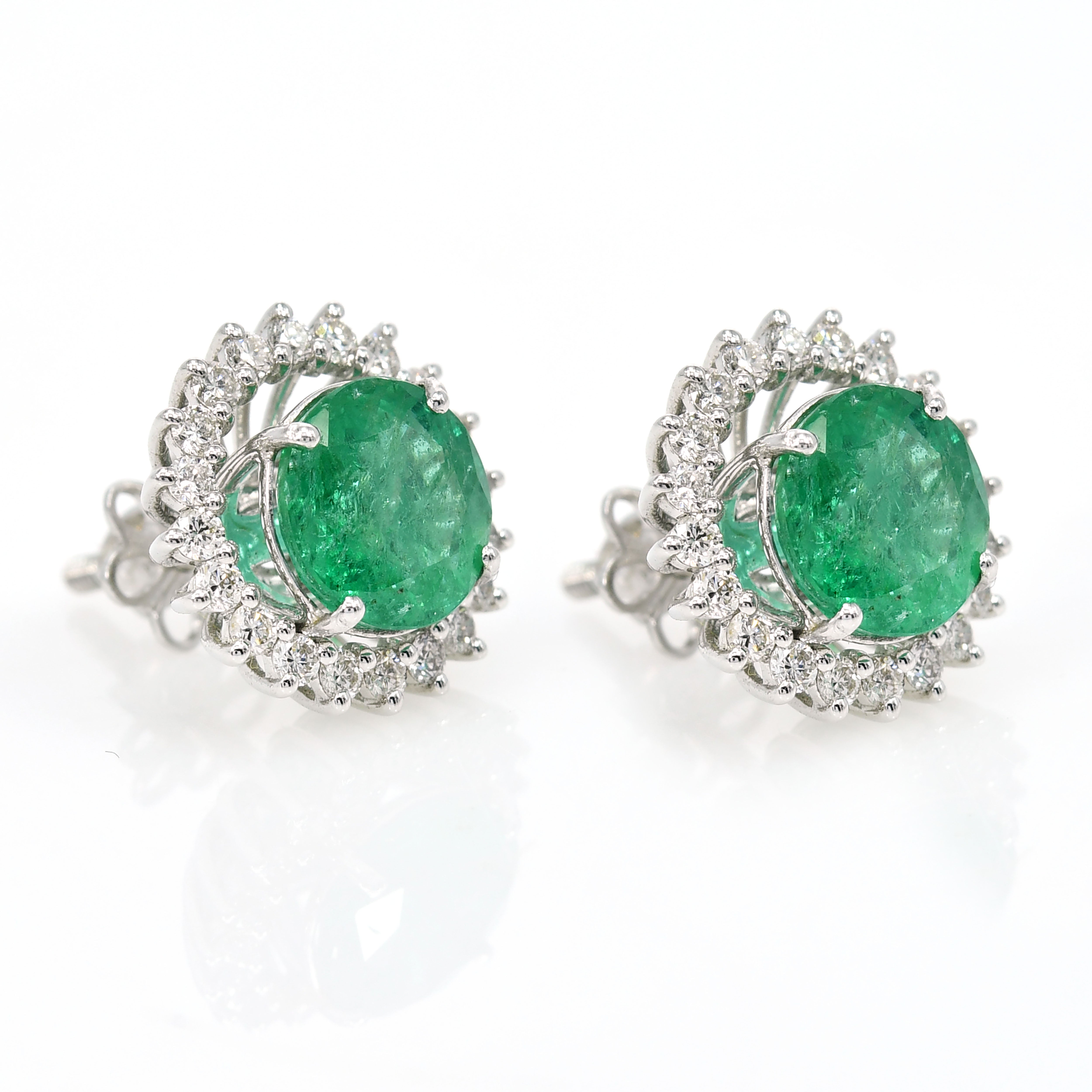 18K Solid Yellow Gold Earrings, Natural Emerald & Tapered Cut Diamond, Elegant
