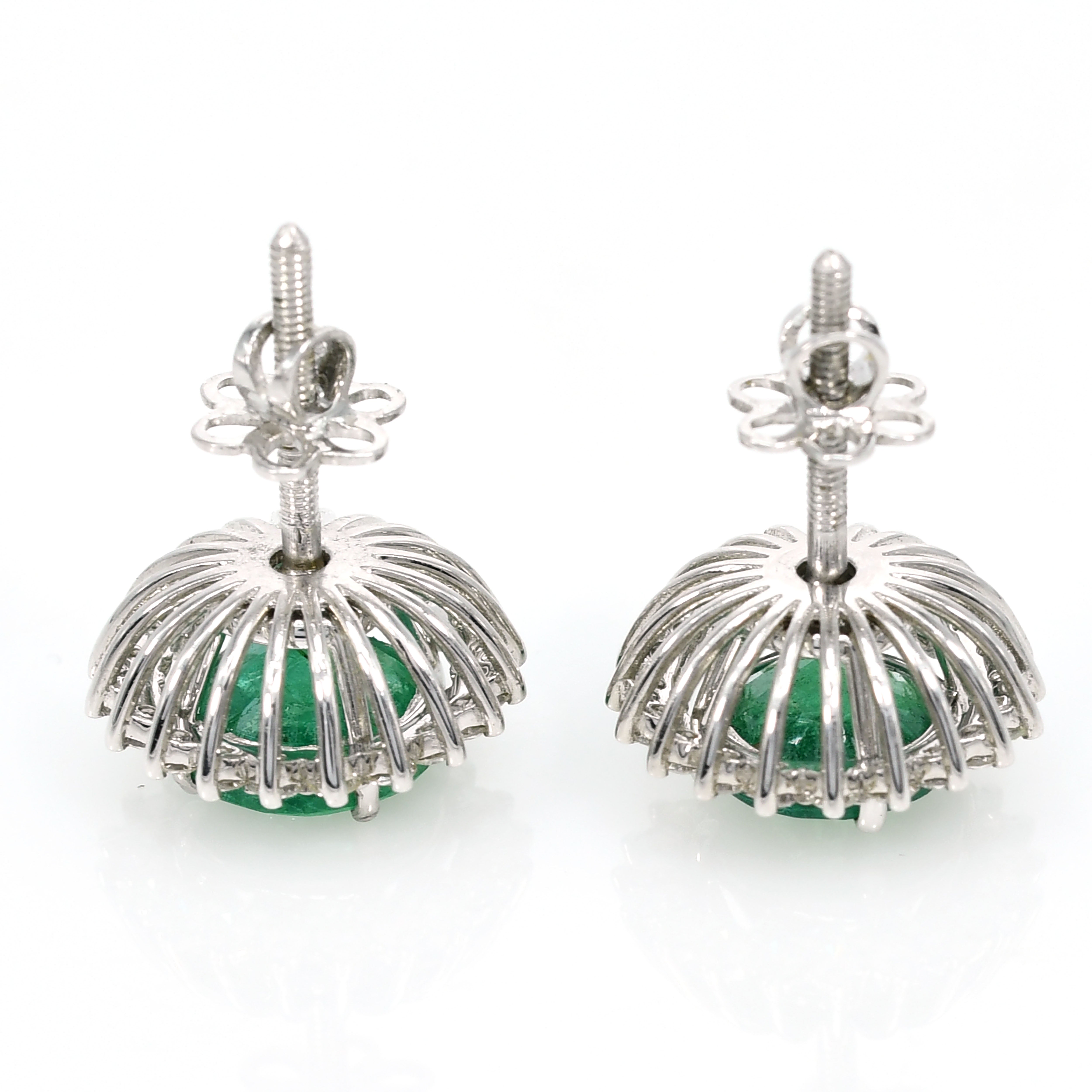18K Solid Yellow Gold Earrings, Natural Emerald & Tapered Cut Diamond, Elegant