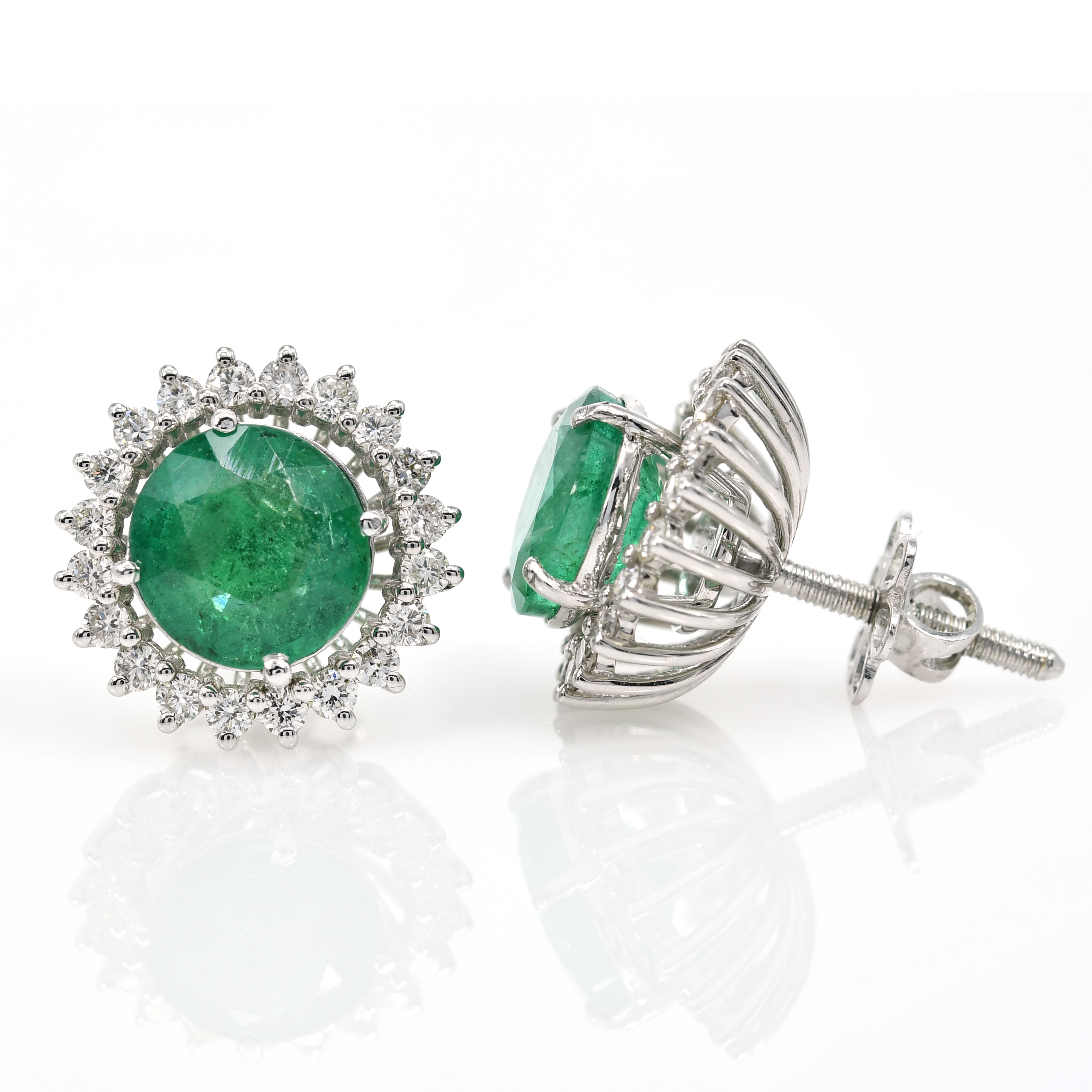 18K Solid Yellow Gold Earrings, Natural Emerald & Tapered Cut Diamond, Elegant